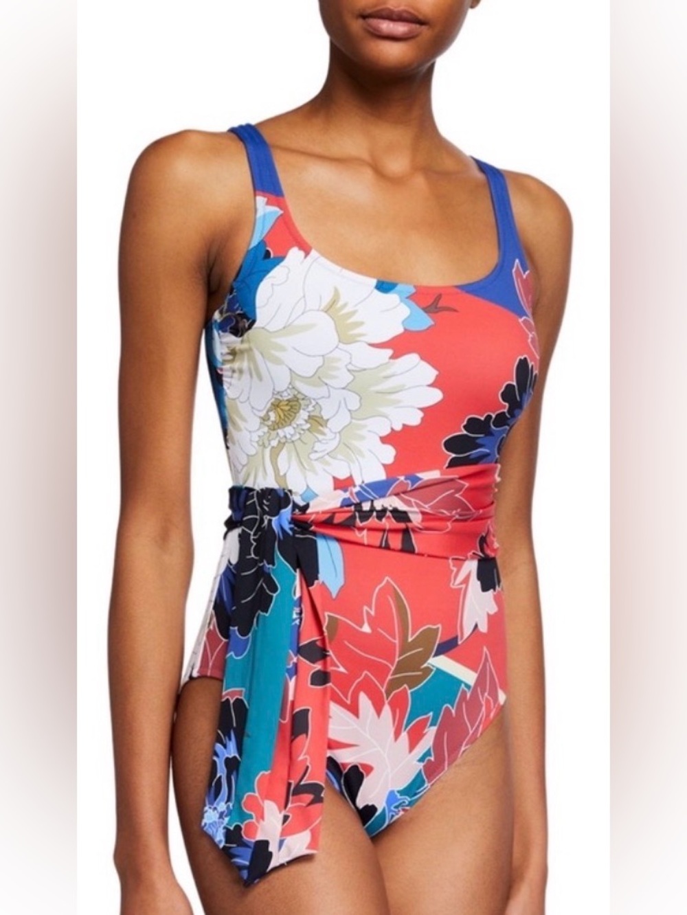 Johnny Was Marritt Belted Tank One Piece Swimsuit Size Small Red Floral